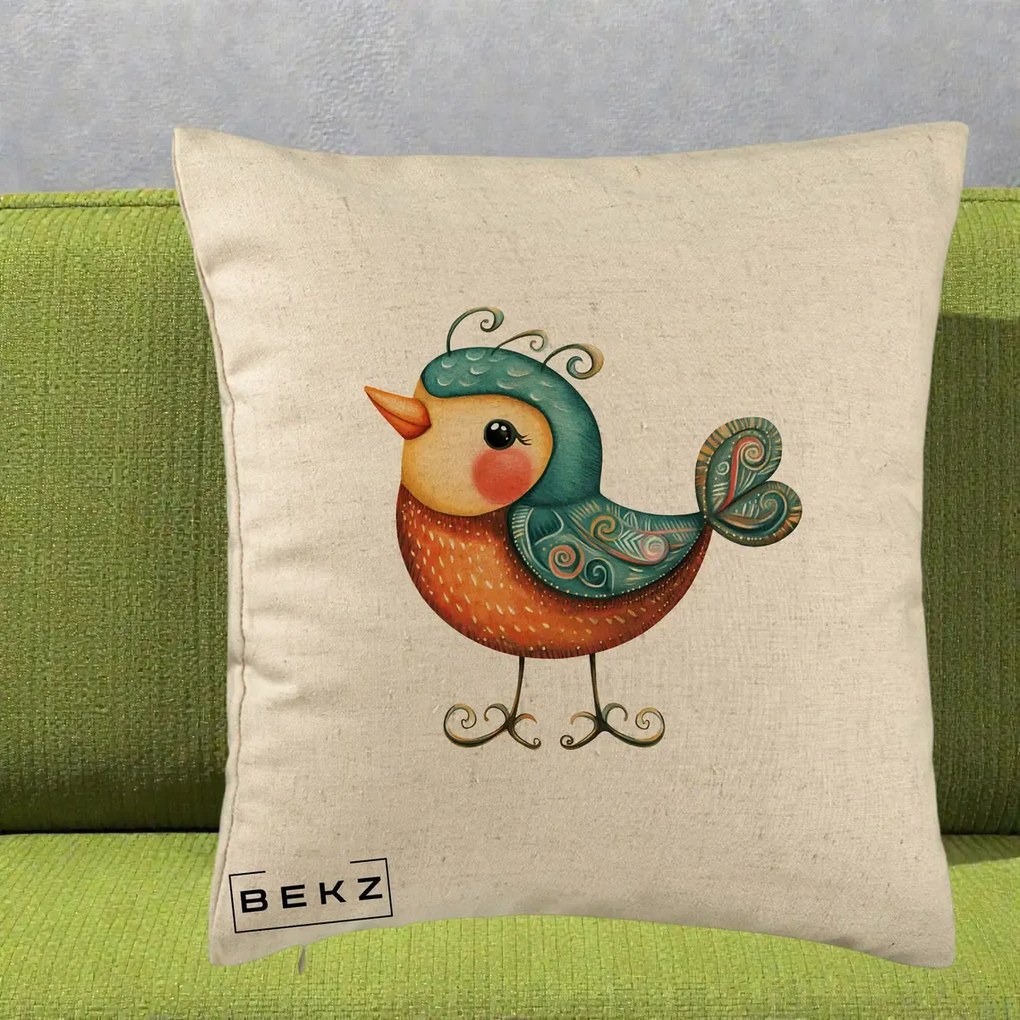 Perna Decorativa Pasare Ornamentala Folk Art, 40x40 cm, Bej, Husa Detasabila, Perna Inclusa, BEKZ®