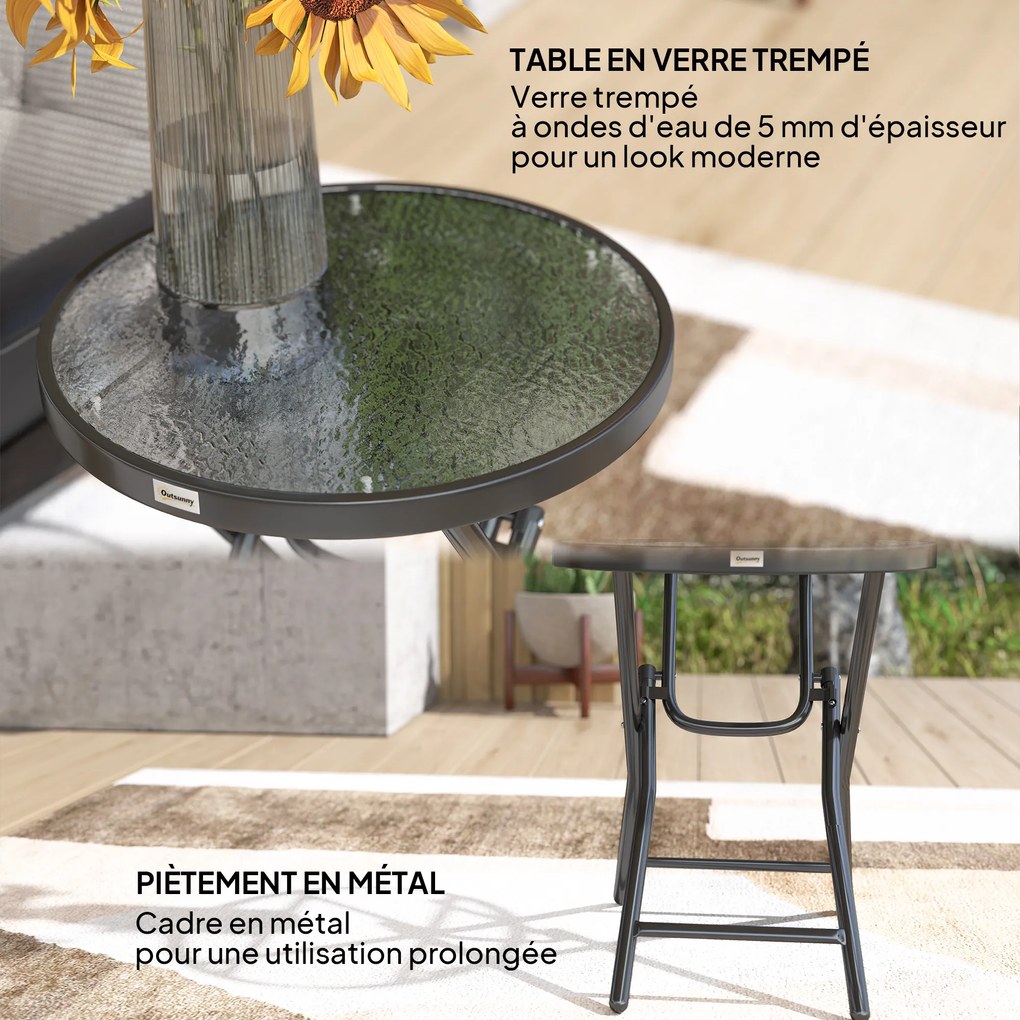 Outsunny Masa de cafea rotundă bistro pentru grădină Ø 60 x 50H cm pliabilă din metal negru cu blat de sticlă temperată negru | Aosom Romania