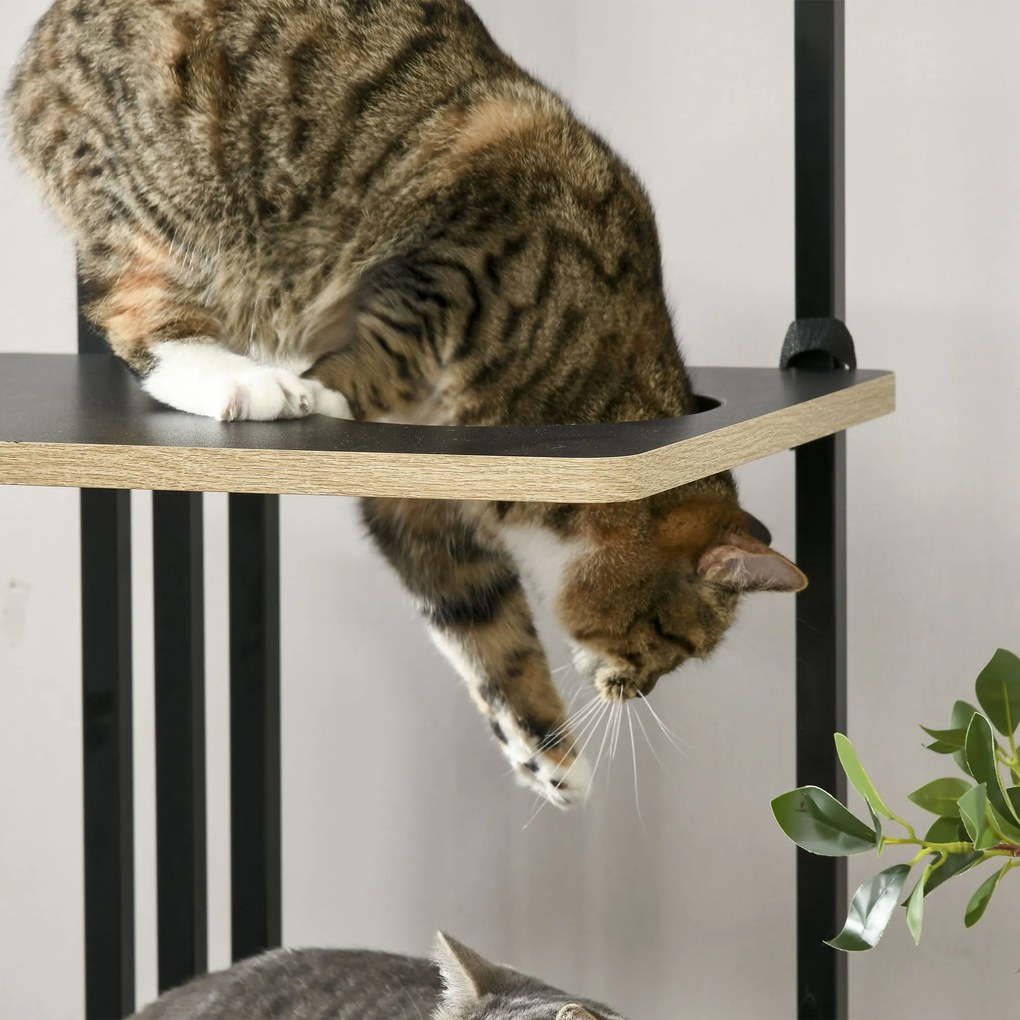 PawHut Pom de Joaca, Design Industrial, 3 Platforme, 2 Perne de Dormit, Placa de Zgariat, Structura din Otel, negru, 85 x 48 x 170 cm | Aosom Romania