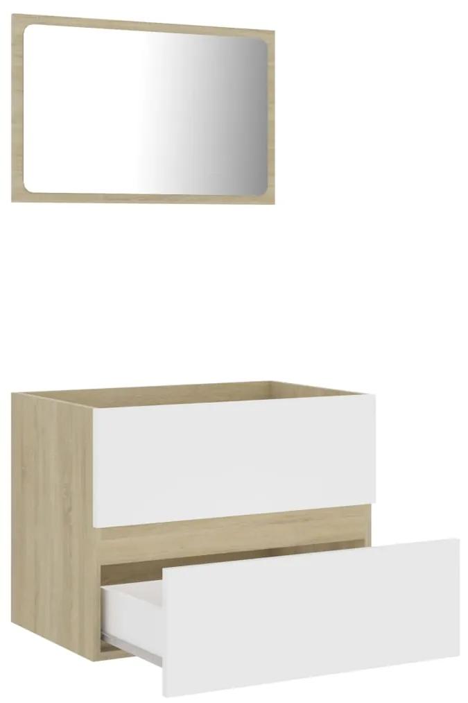 Set mobilier baie, 2 piese,alb si stejar Sonoma, PAL alb si stejar sonoma, Dulap pentru chiuveta + oglinda, 1