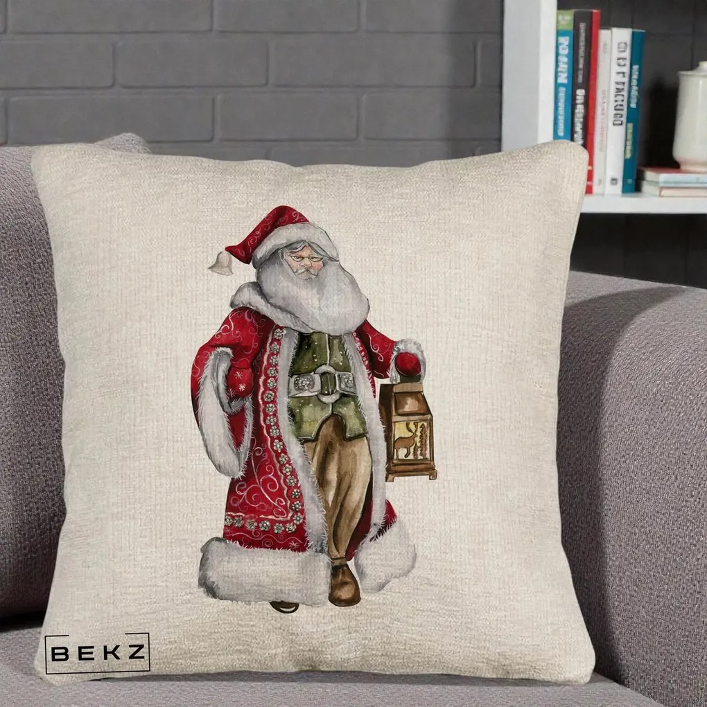 Perna Decorativa Mos Craciun Vintage cu Felinar, 40x40 cm, Bej Canapea, Husa Detasabila, Perna Inclusa, BEKZ®