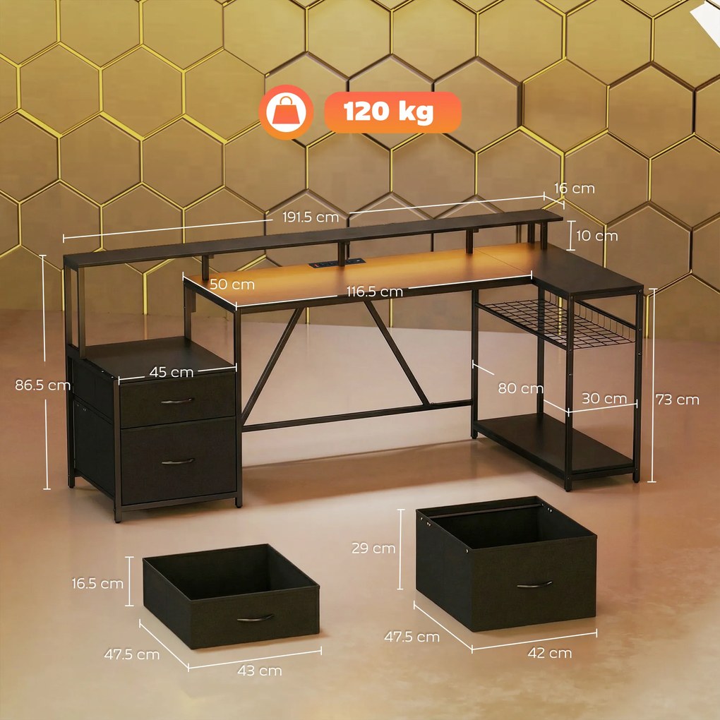 HOMCOM Birou Gaming Reversibil în Formă de L cu LED, Birou Colțar 192,5 cm cu Prize Electrice, Suport Monitor și CPU, 2 Sertare din Material Textil pentru Documente A4/Legal, pentru Acasă sau Birou, Negru | Aosom Romania