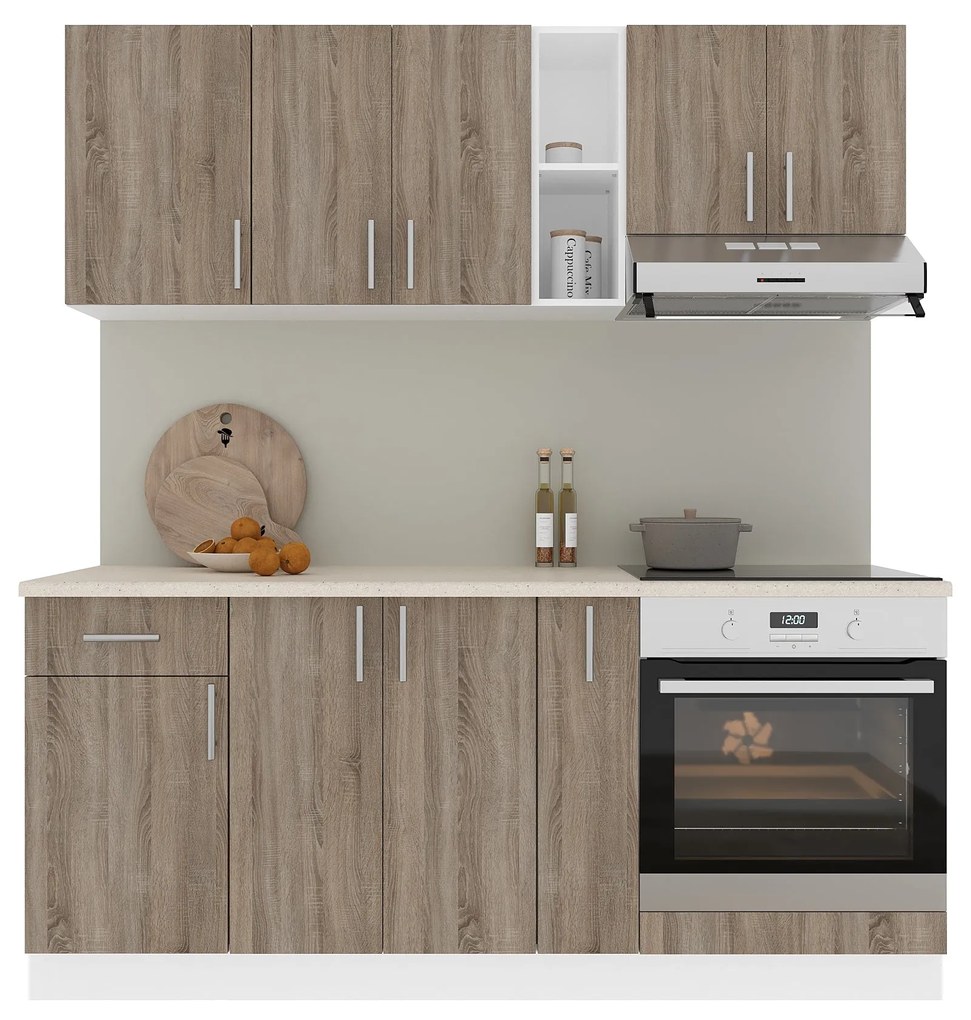 Set Bucatarie Karo V9, Stejar Sonoma Inchis/Alb, Blat Thermo 28 mm, L 180 cm