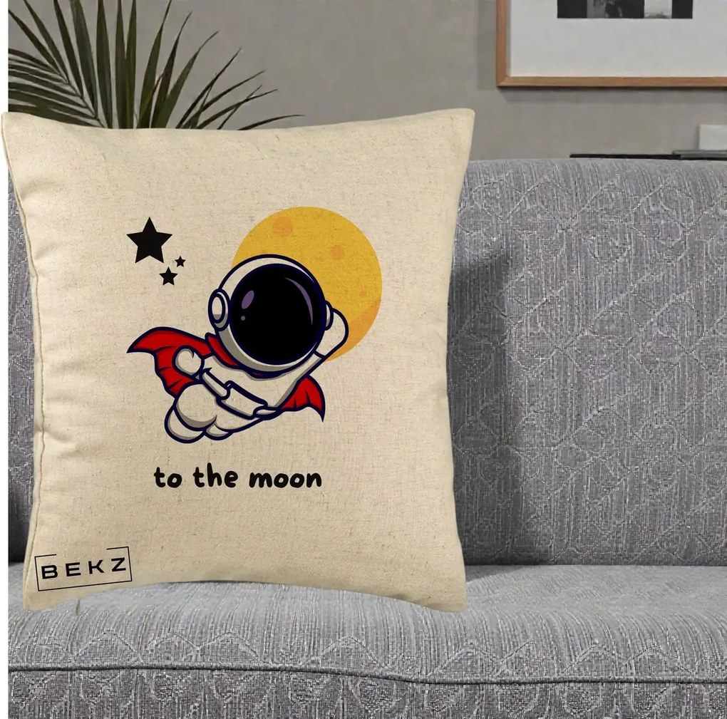 Perna Decorativa Astronaut To The Moon, 40x40 cm, Bej, Husa Detasabila, Perna Inclusa, BEKZ®