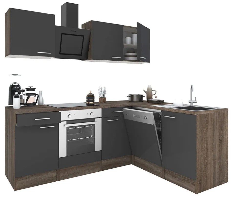 Mobilă de bucătărie de colț Yorki 220, corp din stejar Yorki, față antracit satinat cu element inferior al cuptorului