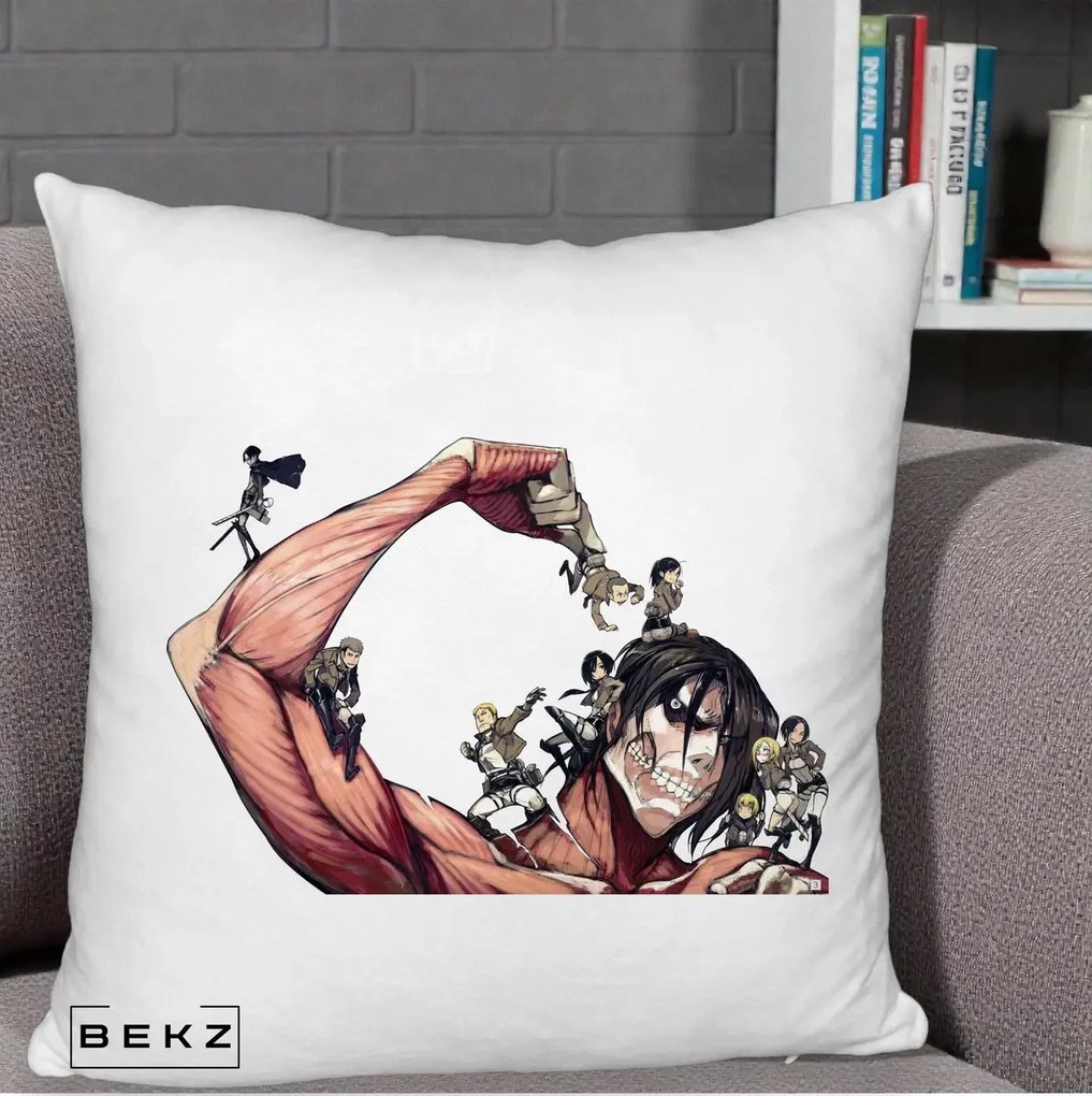 Perna Personalizata Attack on Titan Eren Titan Grup, 40x40 cm, Alb Pufos, Husa Detasabila, Perna Inclusa, BEKZ®