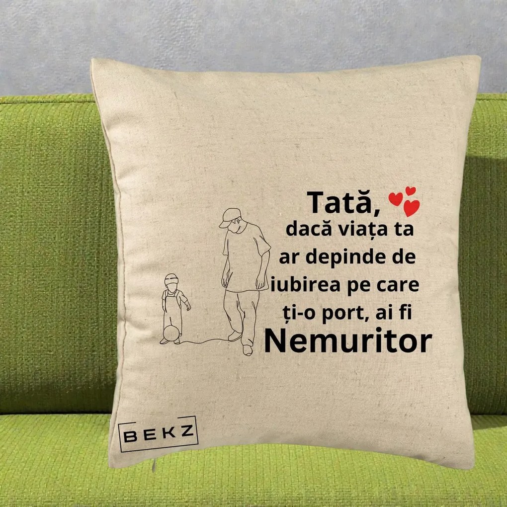 Cadou pentru Tata - Perna Personalizata Tata Nemuritor Joaca cu Mingea, 40x40 cm, Bej, Husa Detasabila, Perna Inclusa, BEKZ®