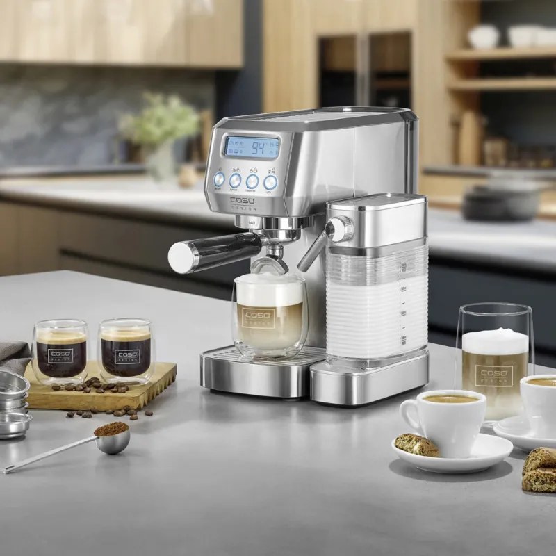 Espressor manual Caso Gourmet Latte, 1350 W, 20 bari, 1,3 l, ULKA, 6 programe, Cafea macinata si paduri ESE, Portafiltru, Spumare lapte cu rezervor incorporat, Otel inoxidabil