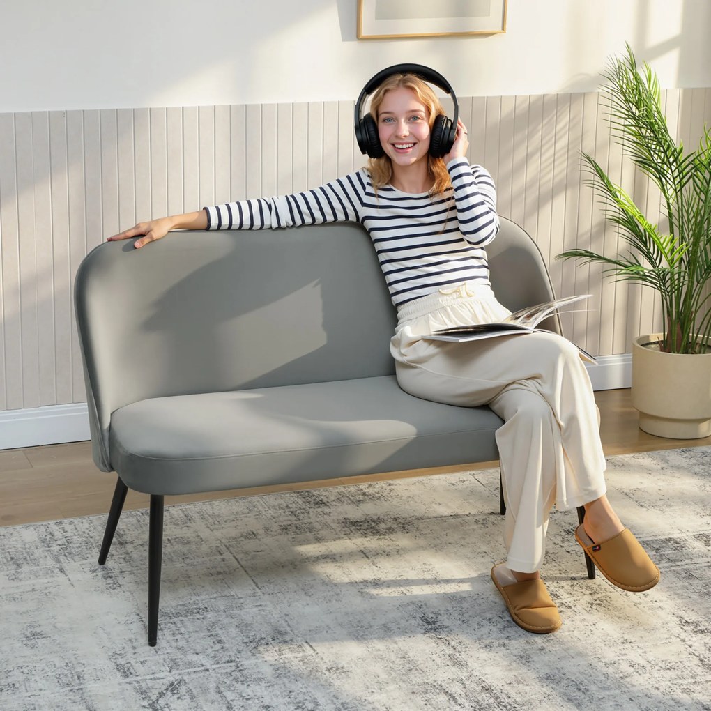 HOMCOM Canapea 2 locuri, canapea modernă tapițată cu cadru din metal și lemn, tapițerie cu aspect de catifea, Gri | Aosom Romania