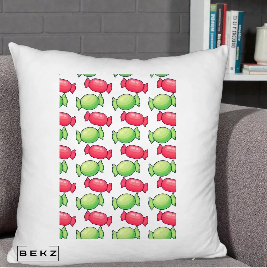 Perna Decorativa Bomboane Craciun Pattern, 40x40 cm, Alb Pufos, Husa Detasabila, Perna Inclusa, BEKZ®