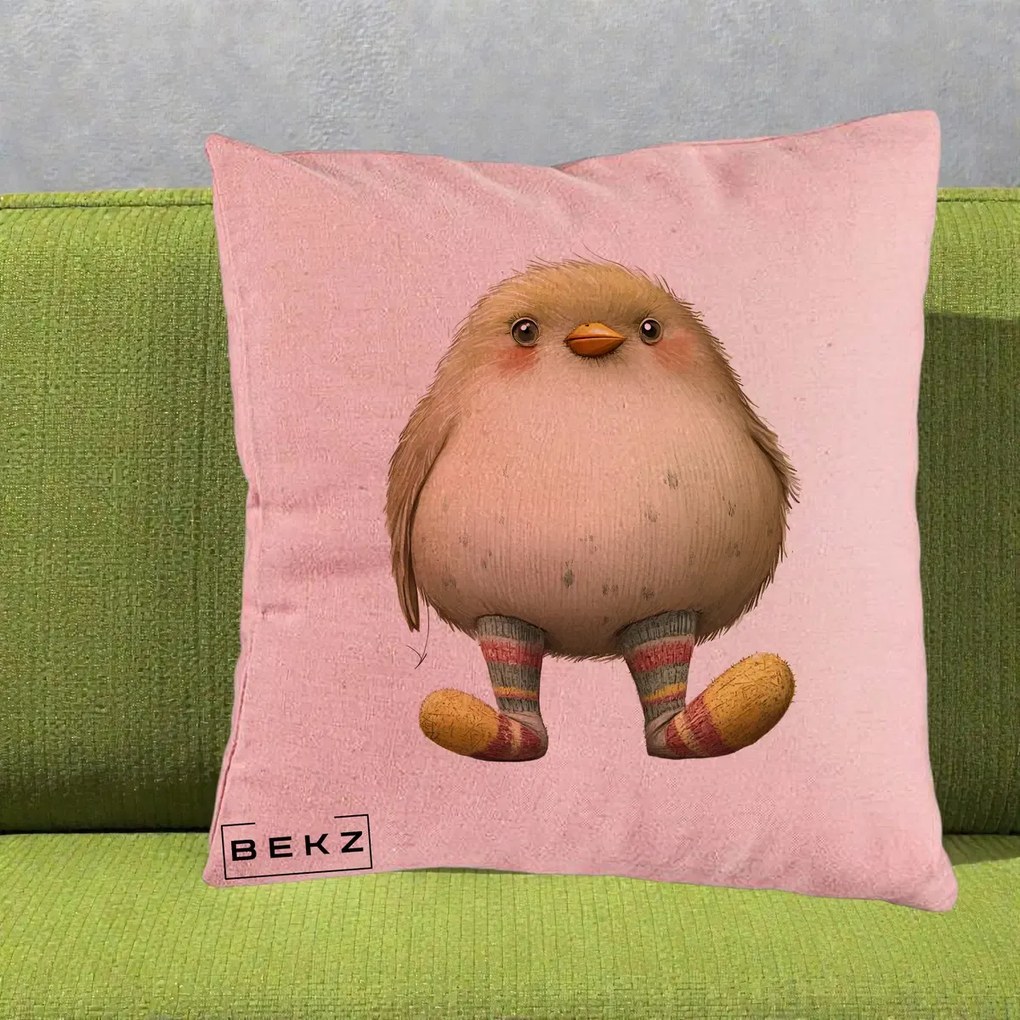 Perna Decorativa Pui Pufos cu Sosete Dungate, 40x40 cm, Roz, Husa Detasabila, Perna Inclusa, BEKZ®