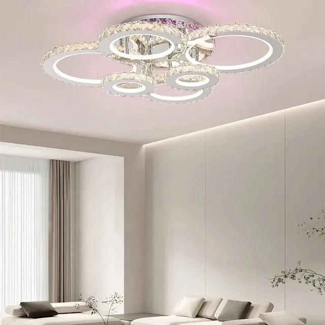 Lustra LED Cu Telecomanda, Cristal, 6 cercuri, Cromat ,120W, RGB,