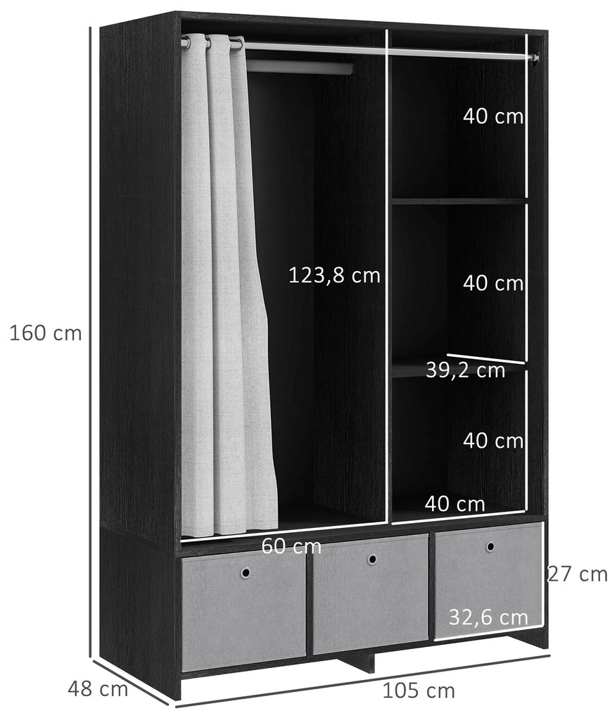 HOMCOM Dulap penderie dulap de depozitare cu tringle cortină 3 nișe și 3 sertare din material textil detașabile 105 x 48 x 160 cm | Aosom Romania