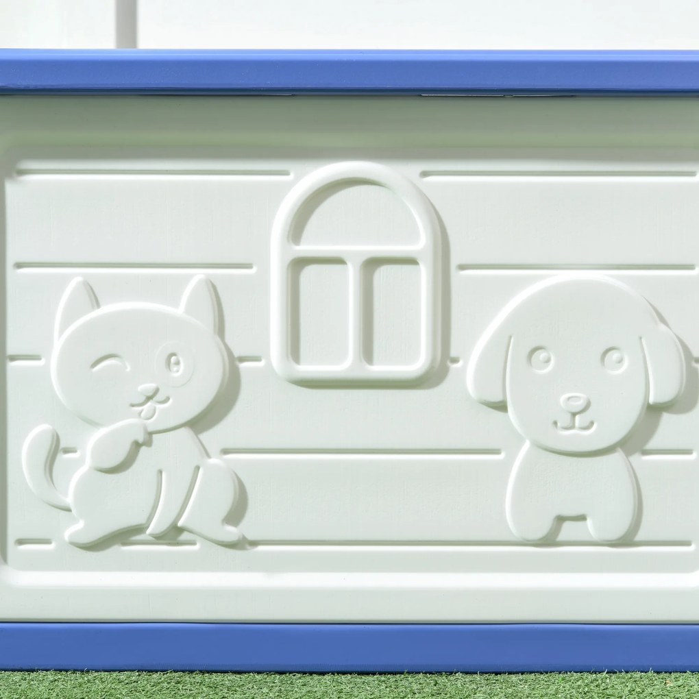 PawHut Cușcă Ridicată pentru Câini de Talie Mică cu Intrare și 2 Deschideri Laterale, Cușcă de Exterior Antiderapantă din Polietilenă, Ușor de Curățat, 60x42x40 cm, Albastru și Alb | Aosom Romania