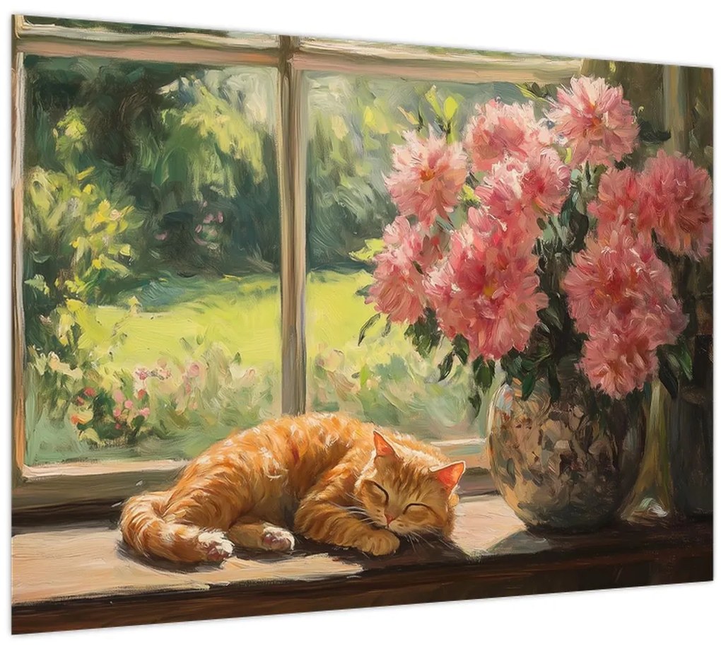 Tablou pe sticlă - Pisică la fereastră (70x50 cm)