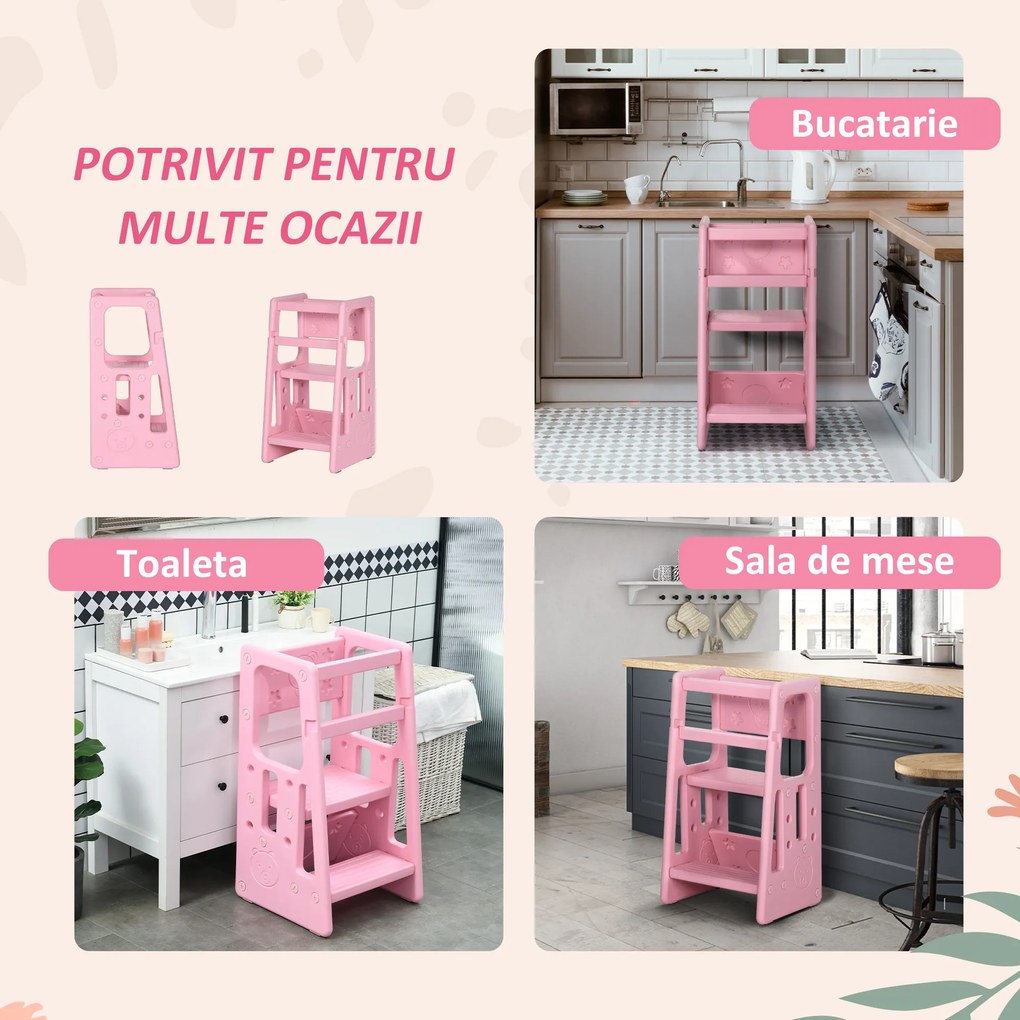 HOMCOM Turn de invatare Montessori pentru Copii 18-60 Luni cu 3 Niveluri din HDPE, 47x47x90 cm, Roz | Aosom Romania