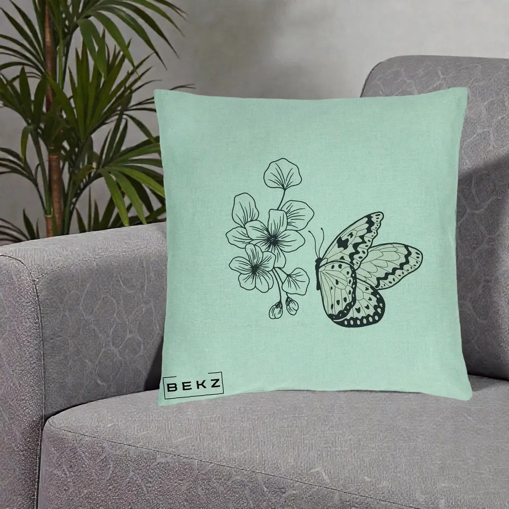 Perna Decorativa Fluture si Flori Linie Monocroma, 40x40 cm, Verde Menta, Husa Detasabila, Perna Inclusa, BEKZ®