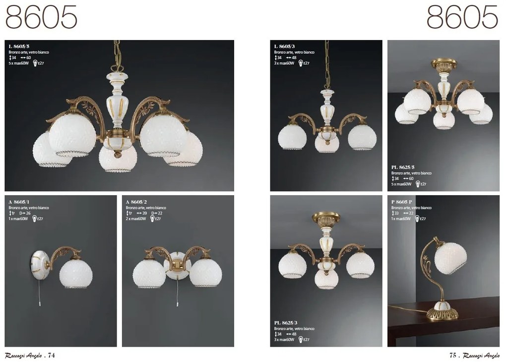 Lustra aplicata cu 3 brate clasic design italian din alama, sticla si lemn 8605 RA-PL. 8625/3