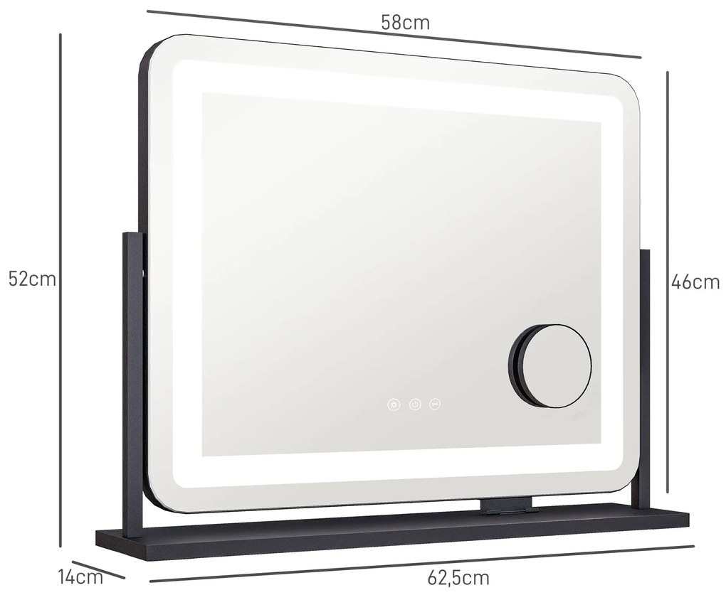 HOMCOM Muior Lumina LED intensitate 3 moduri de iluminare, marire 10X, port de incarcare USB, atingere tactila 62,5 x 52 cm | Aosom Romania