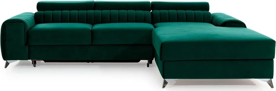 Colțar verde extensibil/cu spațiu de depozitare cu tapițerie din catifea (cu colț pe partea dreaptă/cu șezlong) Grayson – ELTAP