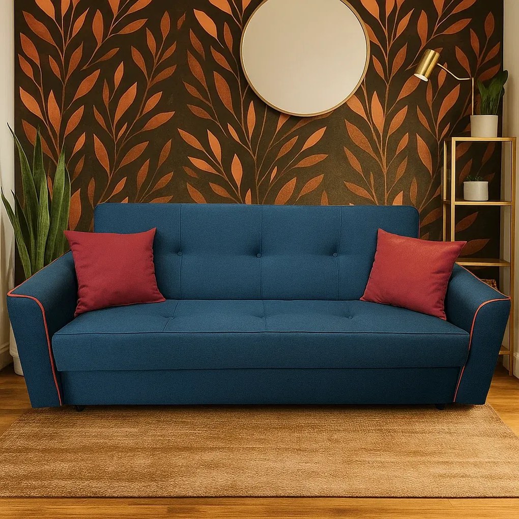 Canapea VERA extensibila, 3 locuri, lada de depozitare, stofa bleumarin + rosu bordo, 225x90x90 Bleumarin + Rosu Bordo, Stofa