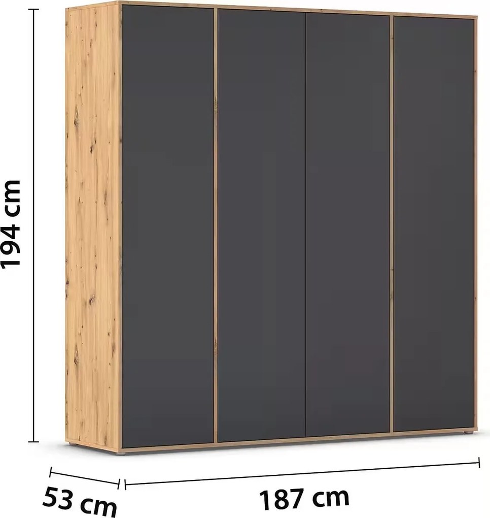 Dulap 187 cm lungime, 4 uși batante, deschidere push, culoare gri antracit-stejar, 194 cm înălțime