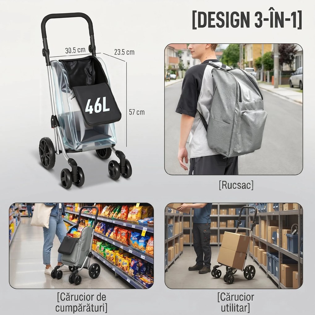 HOMCOM Cărucior de Cumpărături Pliabil din Aluminiu cu Roți, Geantă de 46L, Compartiment Frigorific, Mâner Reglabil, Gri | Aosom Romania