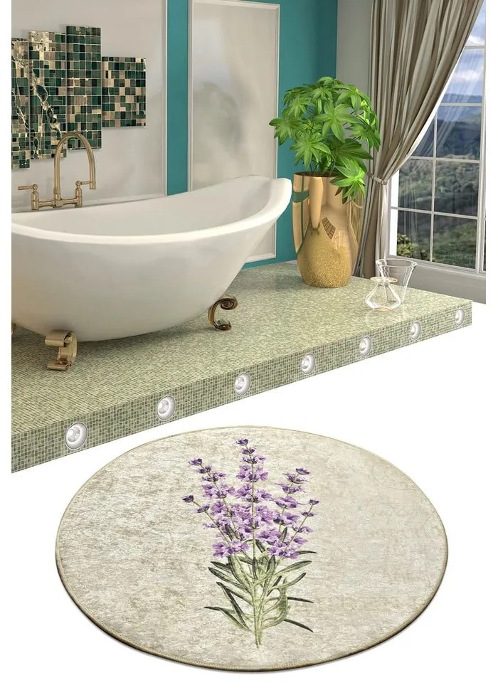 Covoraș de baie Foutastic Circle Vintage, ø 100 cm, motive florale, violet