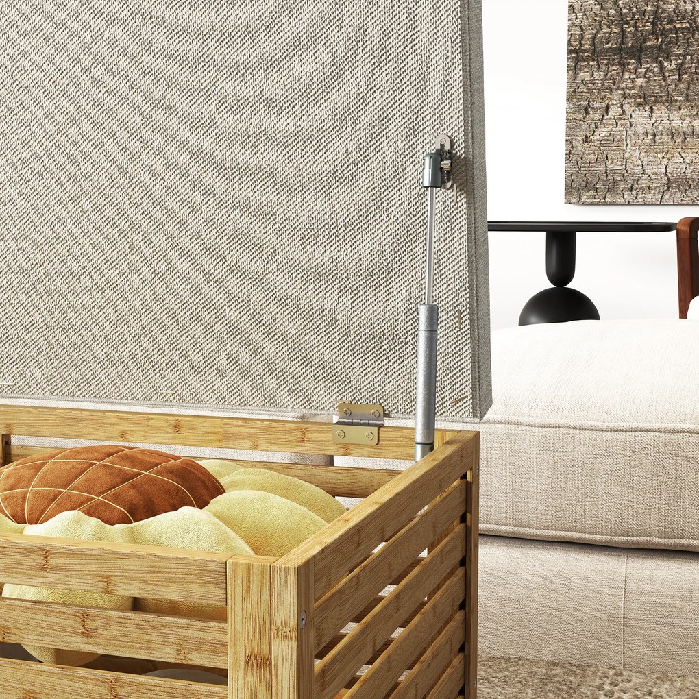 HOMCOM Bancă de depozitare, cufăr tapițat din material cu aspect de in, capac și structură din bambus, gri și lemn natural | Aosom Romania