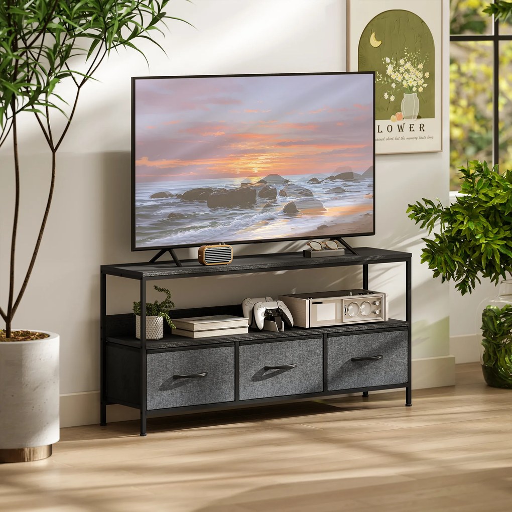 HOMCOM Suport TV Mobil, Până La 55", cu 3 Sertare Textil Pliabile, Raft, 120x29x56 cm, Negru | Aosom Romania