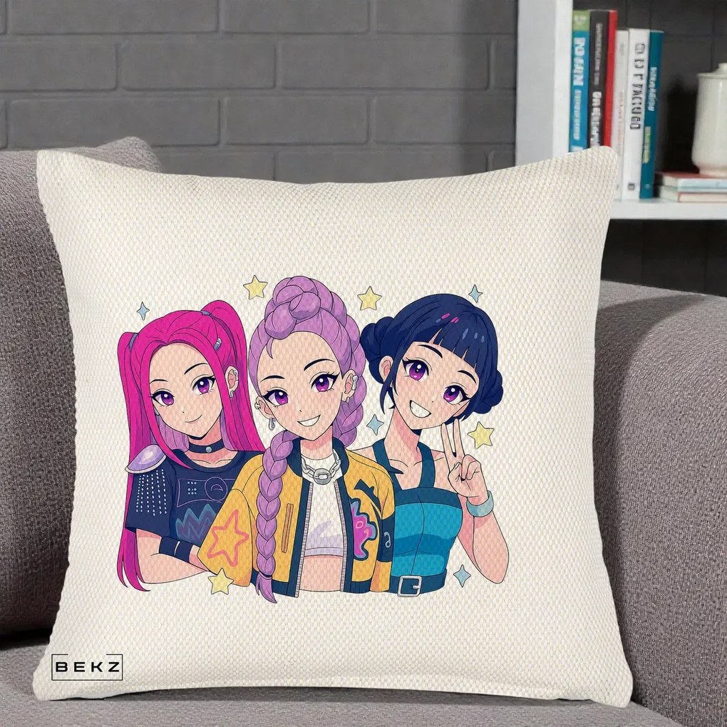 Perna Personalizata K-pop HUNTRX Trio Anime Stele, 40x40 cm, Crem Reliefat, Husa Detasabila, Perna Inclusa, BEKZ®