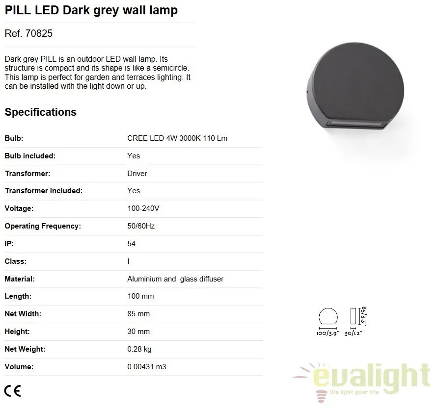 Aplica perete LED de exterior stil modern IP54 PILL gri inchis 70825