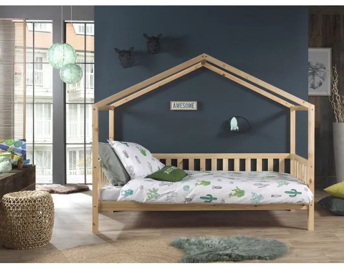 Pat tip căsuță DALLAS cu laterale de siguranță pentru copii, 90x200 cm, natural- Vipack
