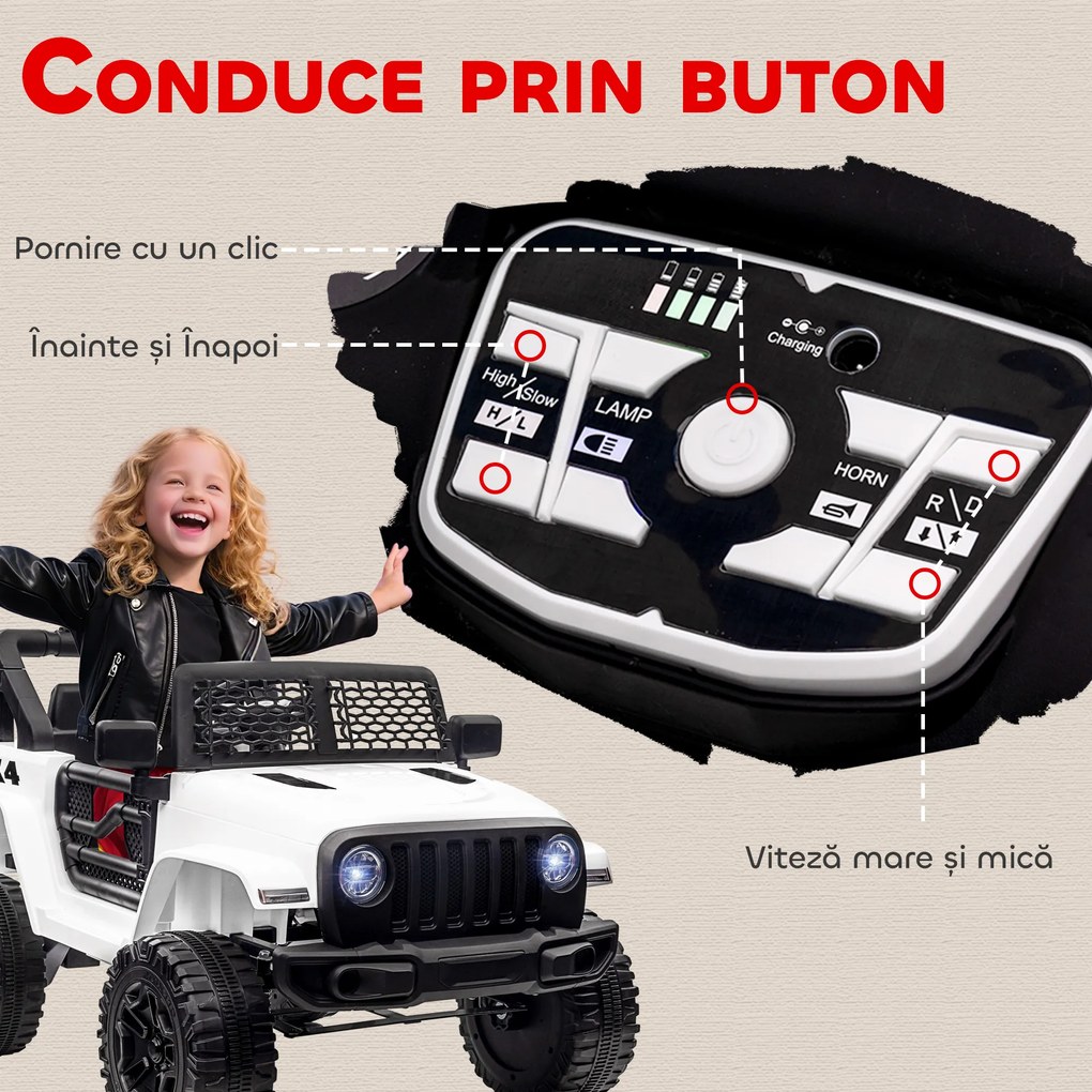 HOMCOM Masina Electrica pentru Copii Jeep Off-Road cu Telecomanda, 2 Viteze 3-5km/h, 100x65x72 cm, Alb | Aosom Romania