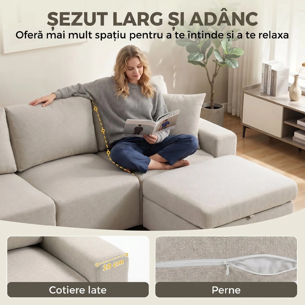 HOMCOM Canapea de Colț 3 Locuri, Respirabilă, cu Taburet cu Depozitare, Bej | Aosom Romania