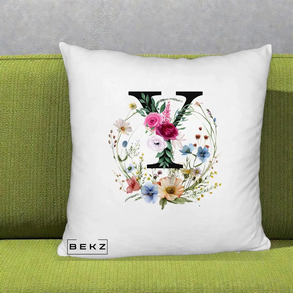 Cadou Personalizat - Perna Personalizata Monograma Florala Litera Y cu Coroana, 40x40 cm, Alb Pufos, Husa Detasabila, Perna Inclusa, BEKZ®