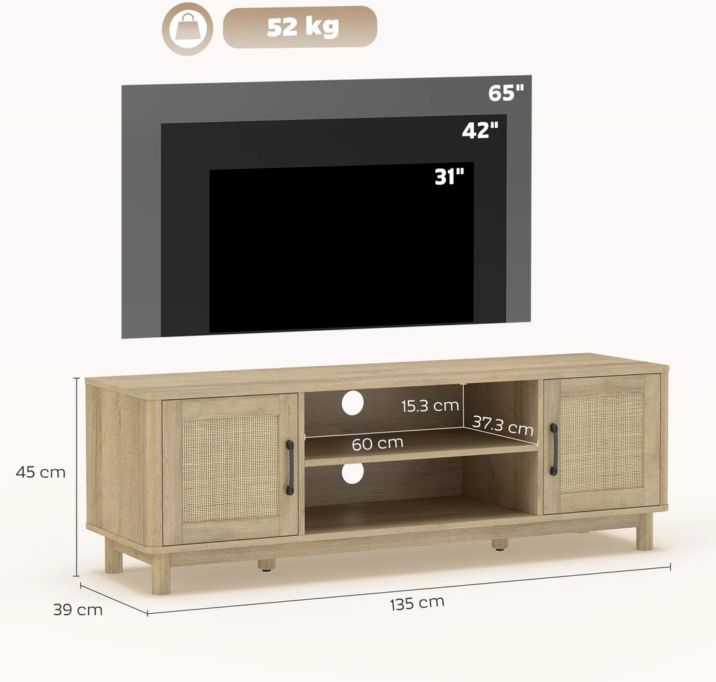 HOMCOM Comodă TV 135 cm, mobilier TV pentru televizor până la 165,1 cm cu 2 uși din ratan, 2 compartimente deschise, stejar | Aosom Romania