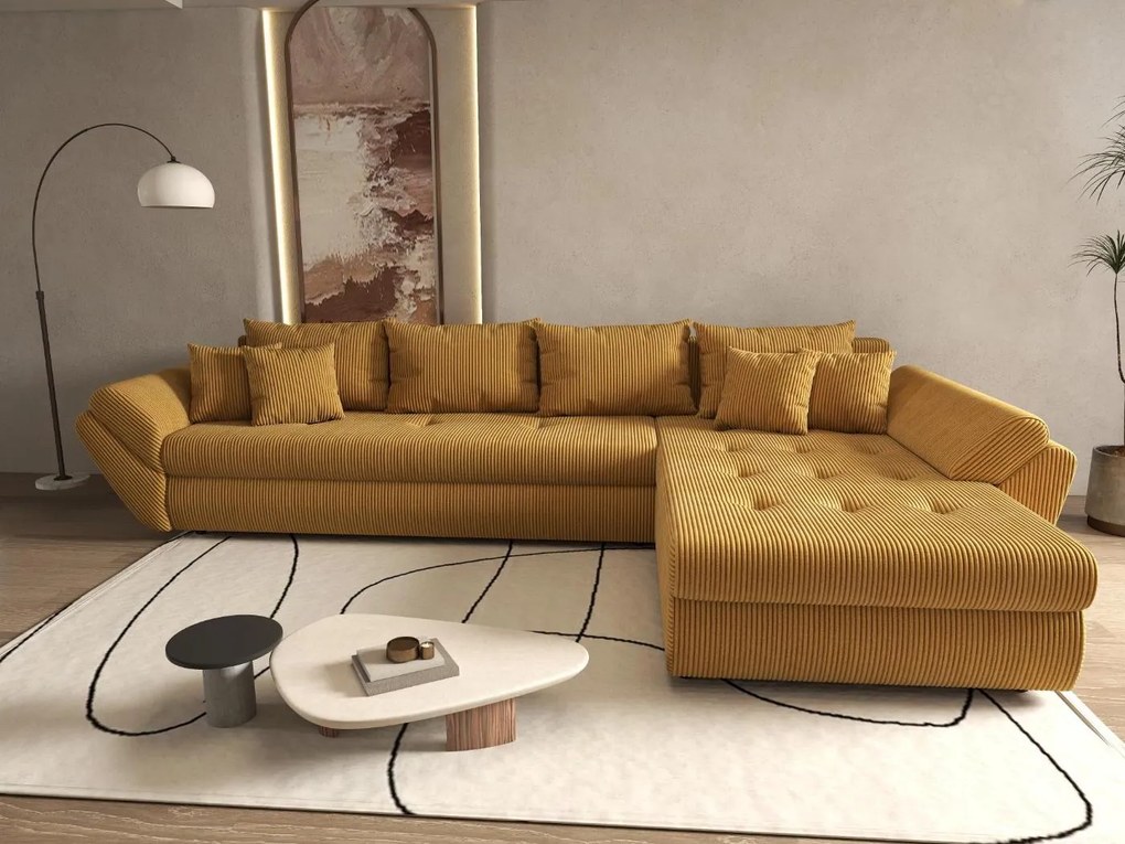 Colțar extensibil dumonde cu ladă de depozitare si sezut confortabil din spuma high-density, Loana XL Zoom Mustar II 335x185 cm