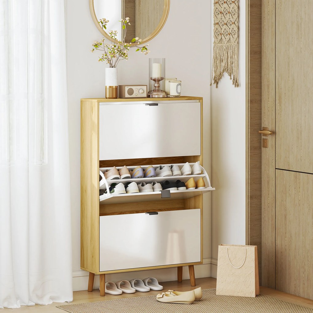 HOMCOM Dulap de pantofi subțire modern cu 3 sertare rabatabile pentru 24 de perechi de pantofi, Alb | Aosom Romania