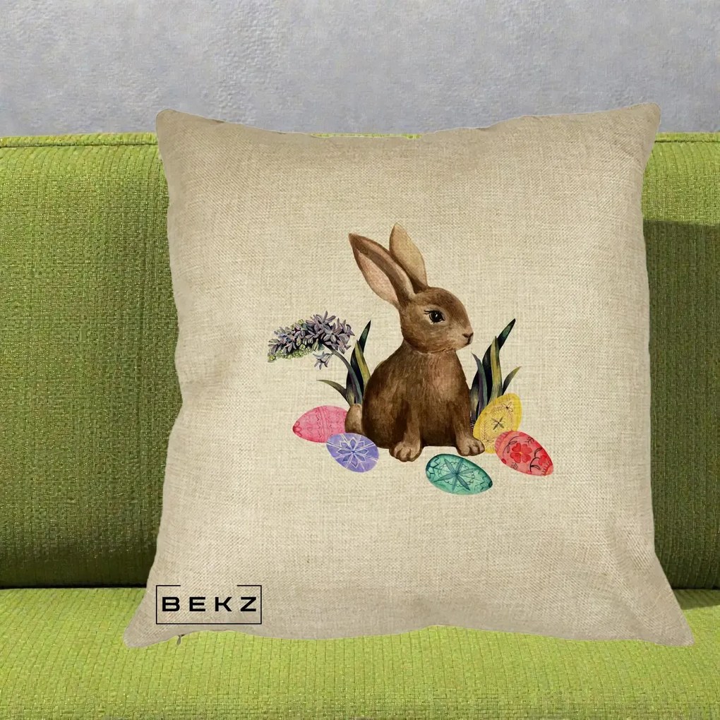 Perna Decorativa Iepuras cu Oua de Pasti Acuarela, 40x40 cm, Crem, Husa Detasabila, Perna Inclusa, BEKZ®