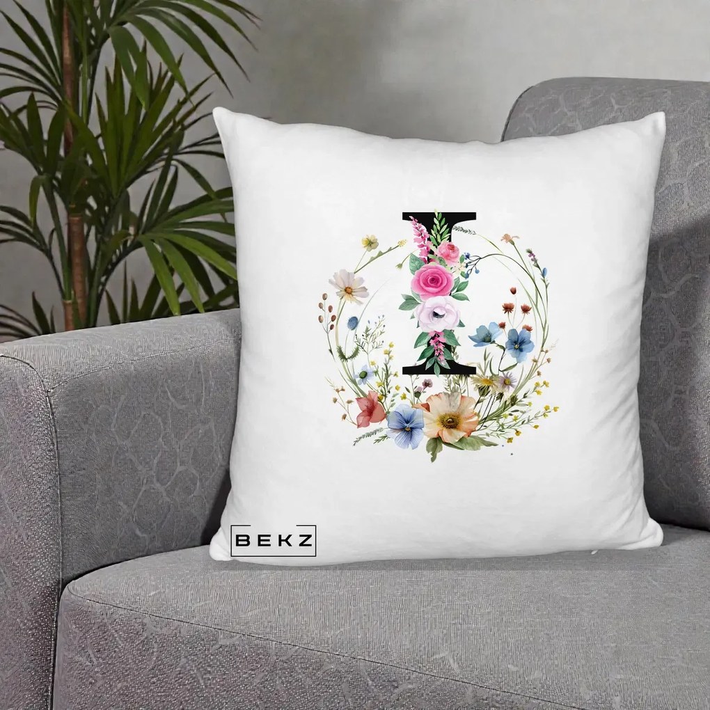 Cadou Personalizat - Perna Personalizata Monogram Litera I cu Flori Acuarela, 40x40 cm, Alb Pufos, Husa Detasabila, Perna Inclusa, BEKZ®