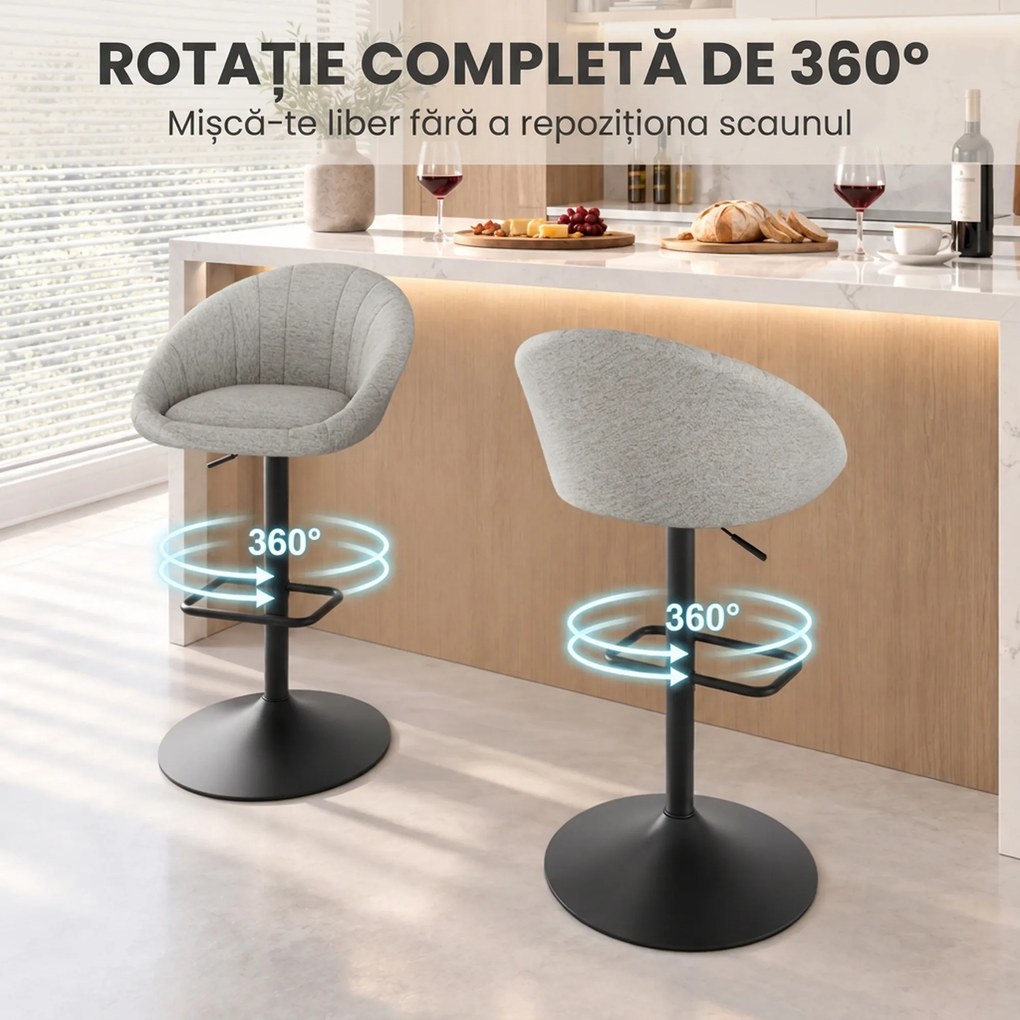 HOMCOM Set 2 scaune de bar cu înălțime reglabilă, șezut rotativ din țesătură și suport pentru picioare, gri | Aosom Romania