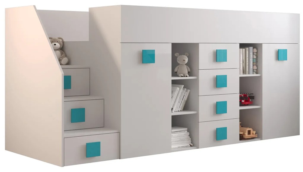 Pat multifuncțional 90 cm Toreno 3 (Alb + alb lucios + mânere turcoaz lucios) (S). 1083331