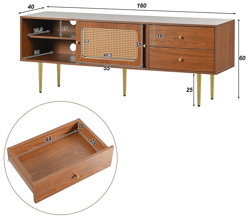 Mobilier TV elegant cu uși glisante din ratan, Culoare naturală | Aosom Romania