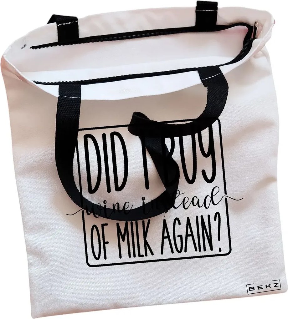 Sacosa de Panza pentru Cumparaturi, Geanta Tote, model Did I buy wine instead of milk again?, Cu fermoar, 38x34.5 cm, Alba, BEKZ®
