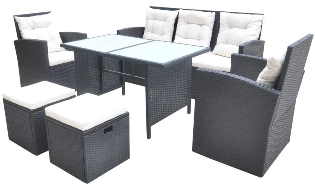 Set mobilier de exterior cu perne, 6 piese, negru, poliratan Negru, 6