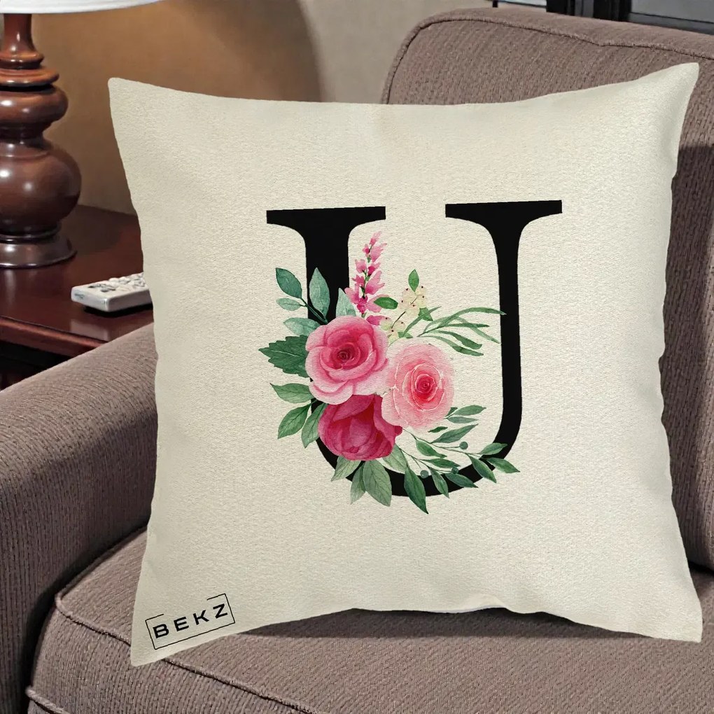 Cadou Personalizat - Perna Personalizata Monograma Florala Litera U, 40x40 cm, Ecru, Husa Detasabila, Perna Inclusa, BEKZ®