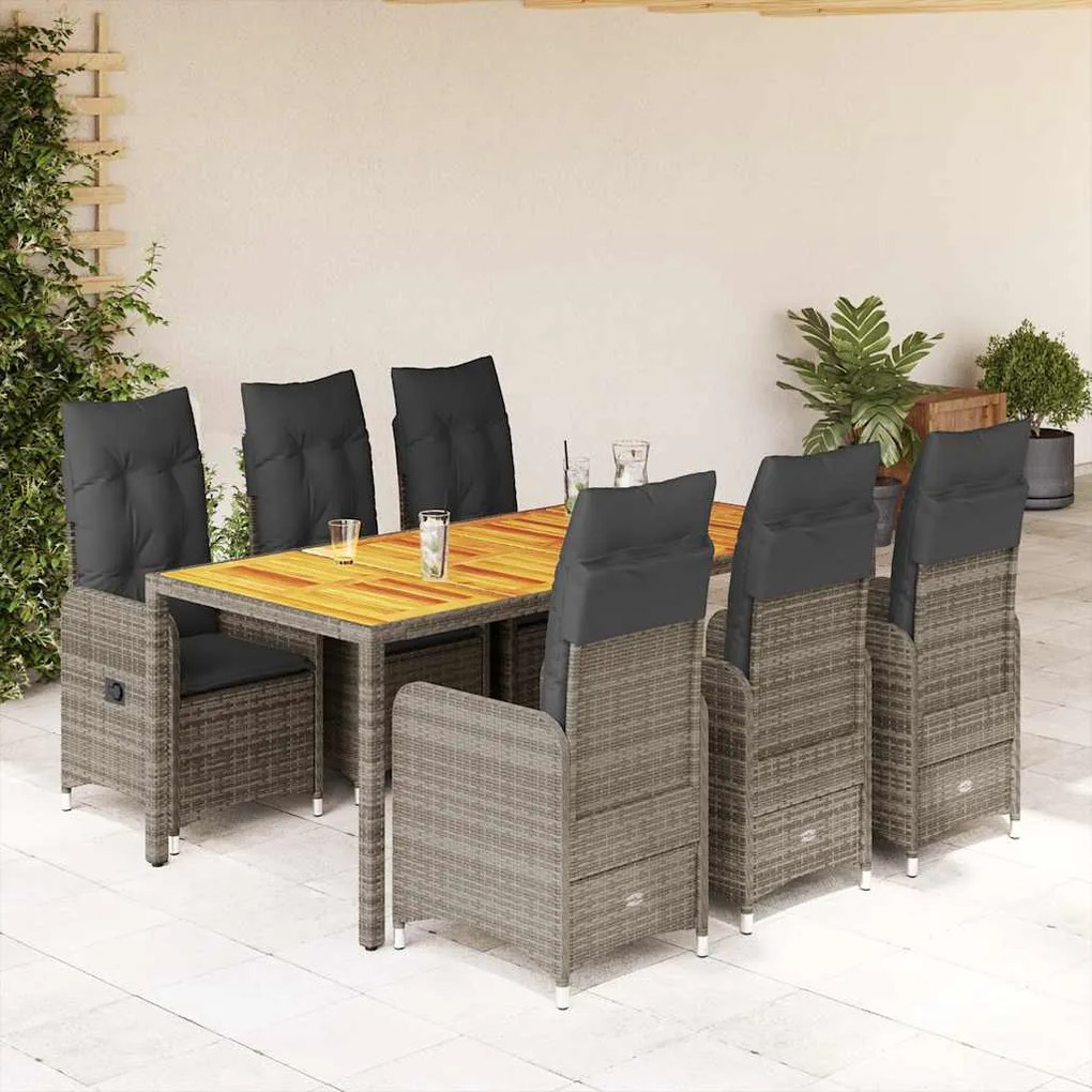 vidaXL Set bistro de grădină cu perne, 7 piese, gri, poliratan