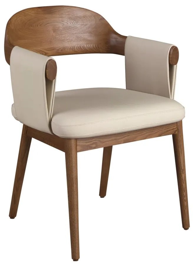 Scaun dining imitatie de piele crem si lemn Walnut