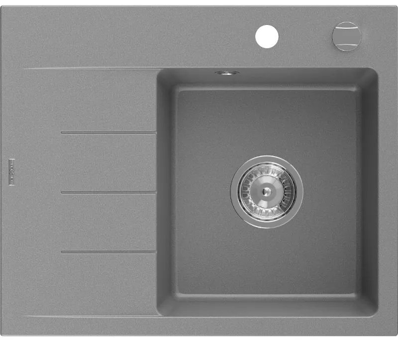 Mexen Ben chiuvetă de granit cu 1 cuvă și scurgător, dreapta 600 x 500 mm, gri, sifon crom - 6523605000-71